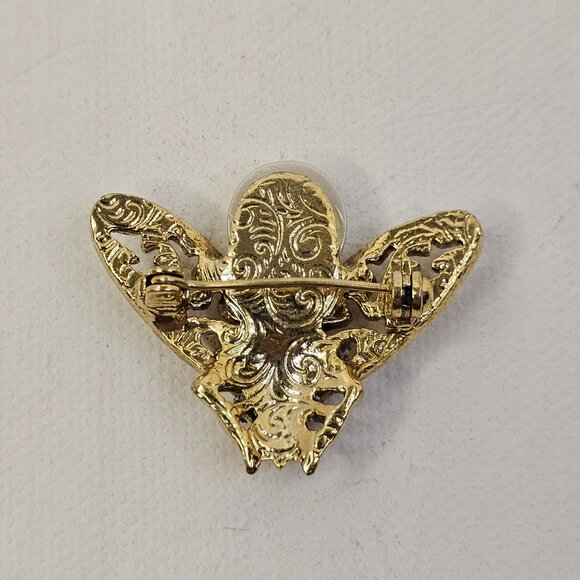 Gold Tone Insect Pink Rhinestone Faux Pearl Brooch Unmarked Fly Pin - Picture 2 of 8